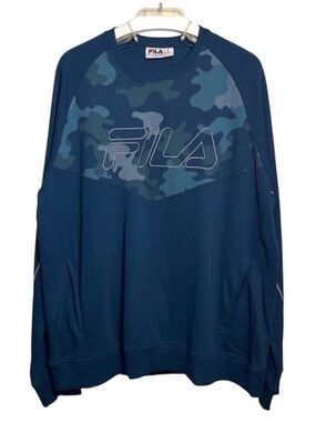 FILA Men's Teal and Navy Camouflage Crewneck Sweater